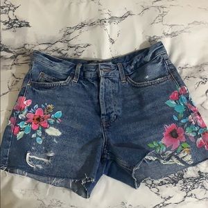 Top shop jean shorts with floral painting detail